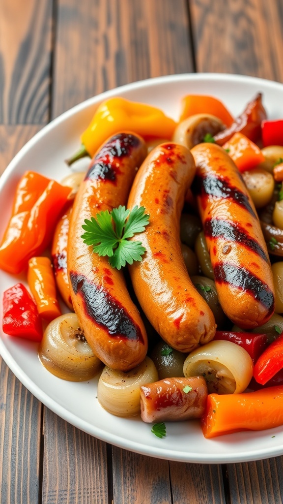 Baked Italian sausage with roasted bell peppers and onions on a rustic table.